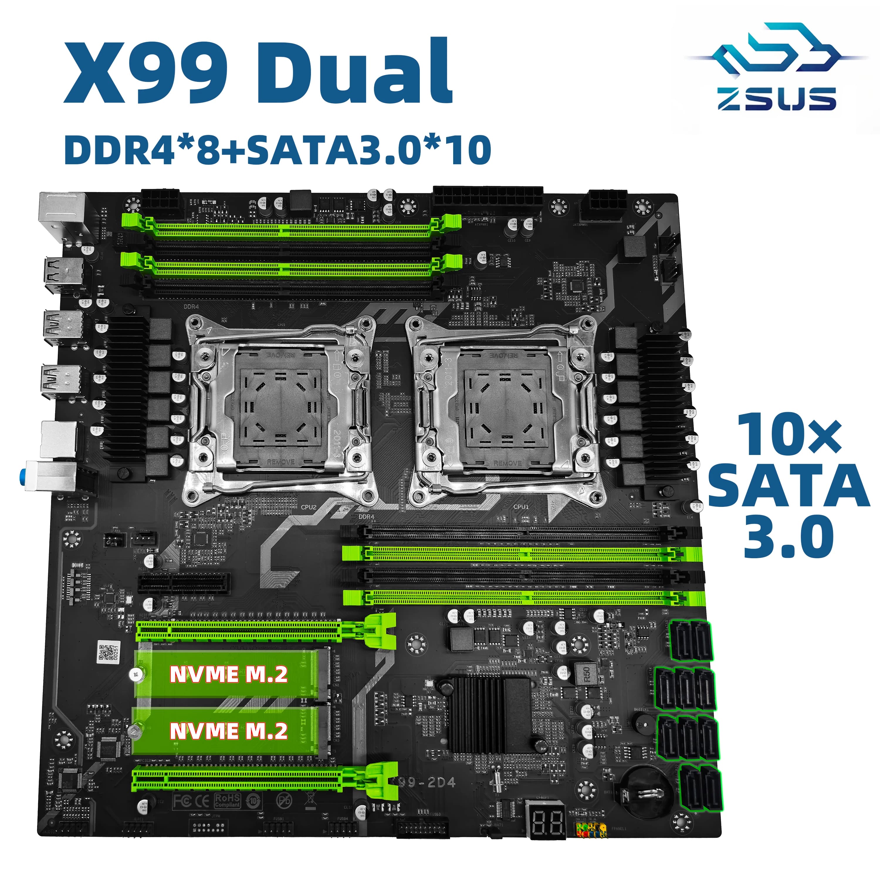 ZSUS X99 Doppia Scheda Madre C612 Chip CPU M.2 LGA 2011 V3 E-ATX USB3.0 SATA3 8 DIMM DDR4 Supporto slot per processore Xeon 2011-3
