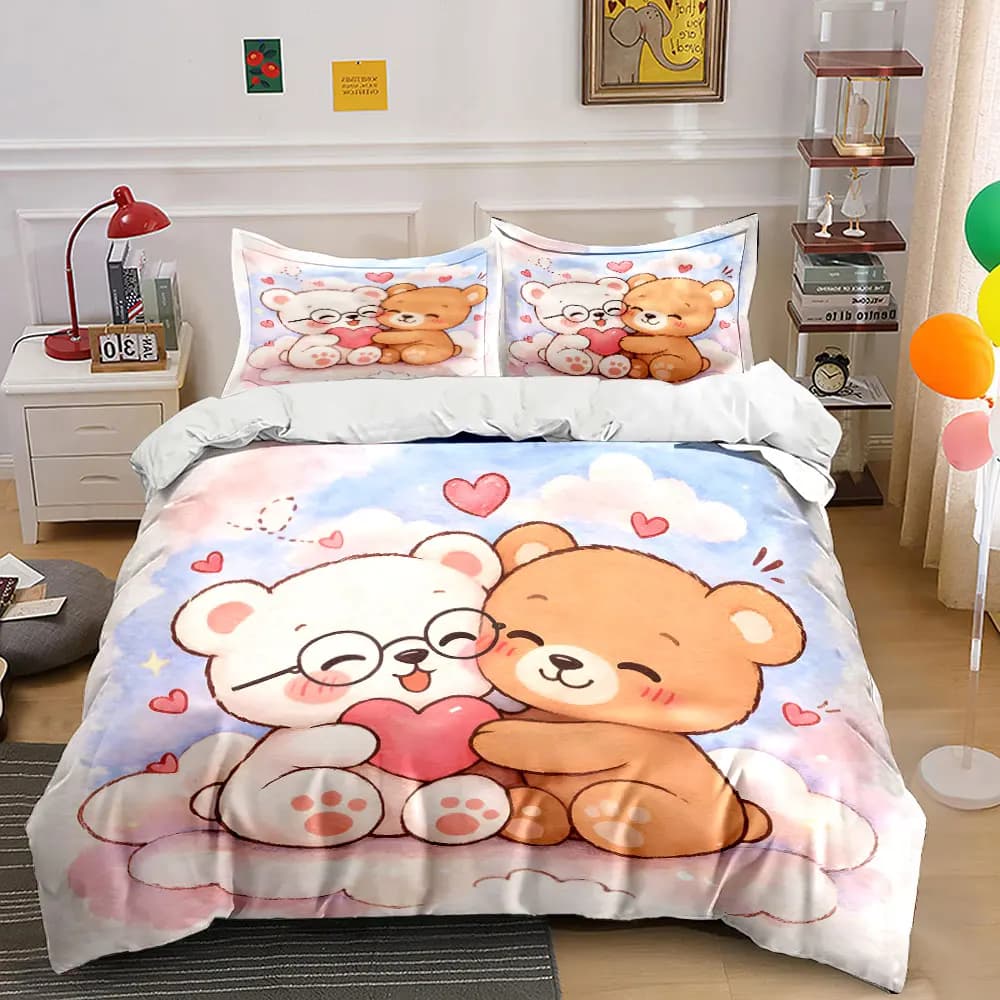 Adorable bears hugging with a heart Print Soft Comfortable Duvet Cover Bedding Set Included 1*Duvet Cover 2*Pillowcases