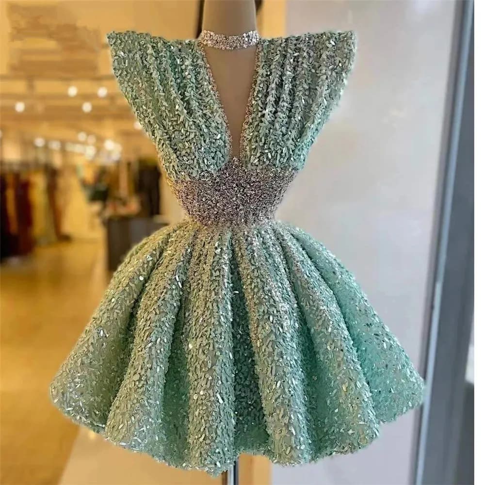 Abiti da cocktail eleganti A-line scollo a V maniche ad aletta Mini paillettes corti Abiti da ritorno a casa Haute Couture personalizzati