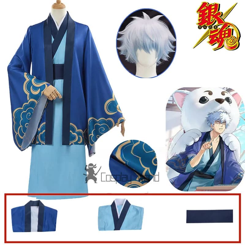 Costume Cosplay di Sakata Gintoki 2025, Set Kimono Blu per Anime Gintama, Parrucca Inclusa, Outfit per Feste di Halloween e Natale, Gioco di Ruolo per Donna e Uomo