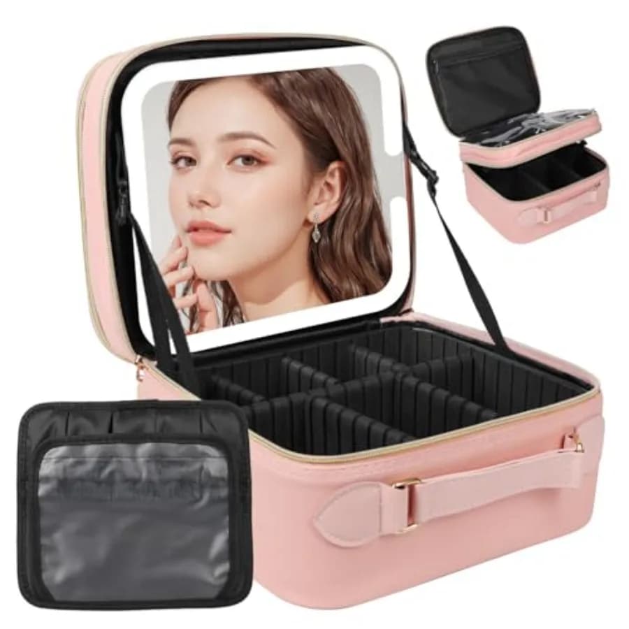 Borsa da Viaggio per Trucco con Specchio LED, Specchio per Trucco a Doppio Strato Staccabile con Luci, Valigetta per Trucco con Tre Luci Dimmerabili e Regolabili