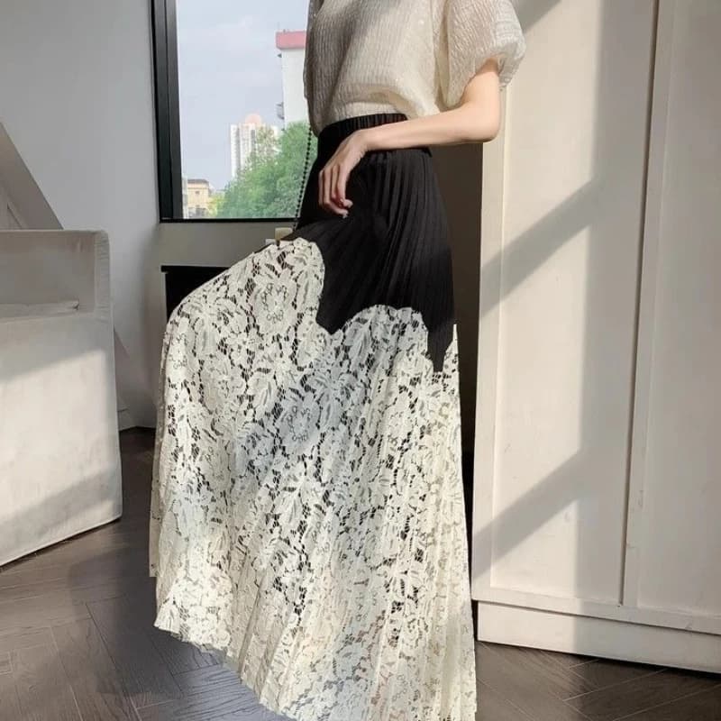 Gonna Midi Plissettata con Inserti in Pizzo per Donna, Nuovo Stile Estivo, Coprente, Vita Alta, Ampia Gonna Lunga a Linea A