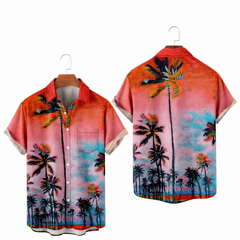 Hip Hop Sunset Beach Coconut Trees Stampa 3D Camicia monopetto da uomo Camicetta da donna Manica corta Camicie estive con colletto ribaltabile