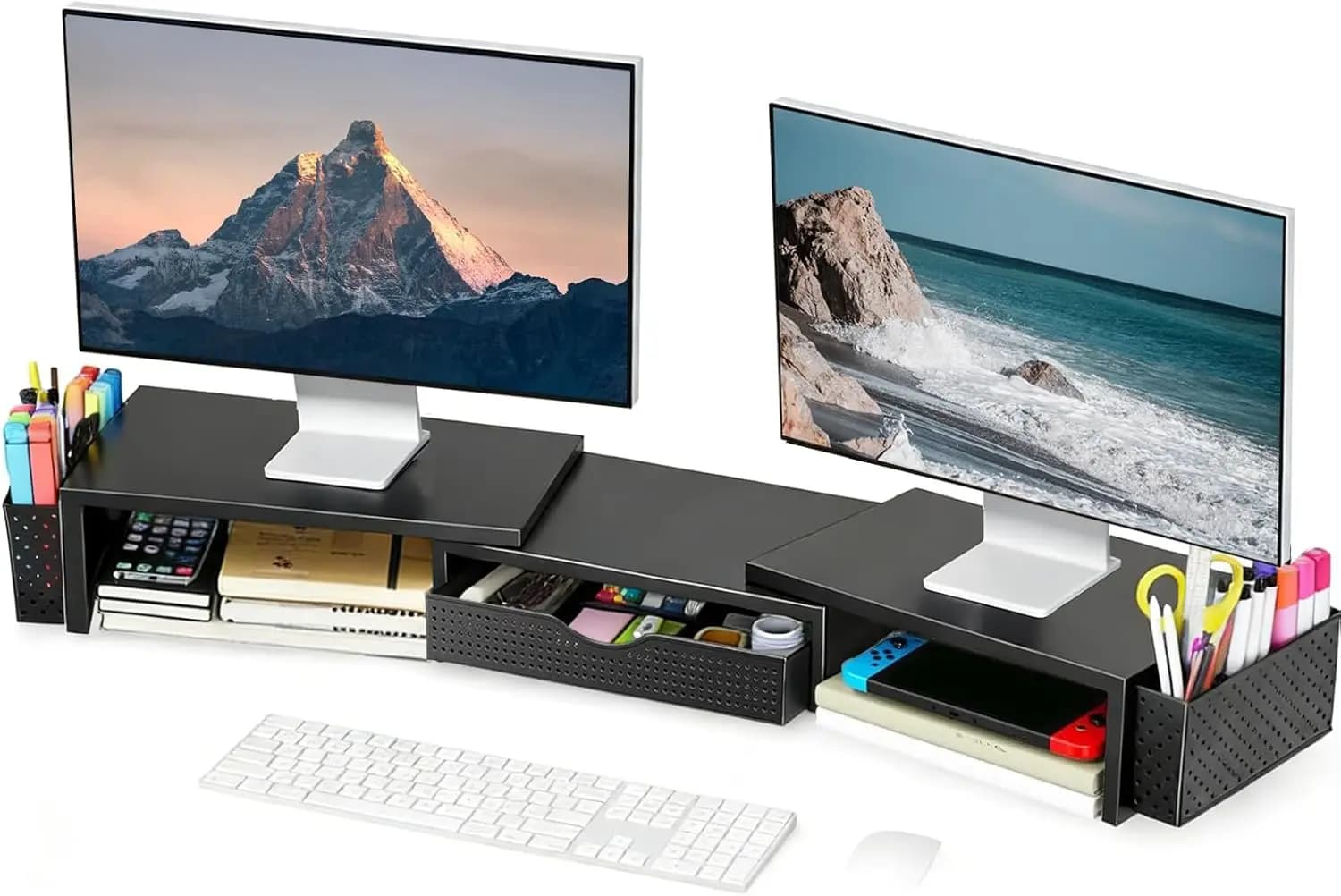 Supporto per doppio monitor con cassetto e portapenne, regolabile da 27,6 a 40,6 pollici, organizer ergonomico da scrivania per ufficio