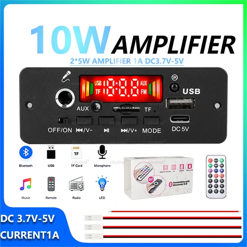 10W Complete Bluetooth 5.0 Amplifier Kit with Remote USB Cable DC 3.7-5V Mini Stereo System Gift for Desktop Portable Speaker PC