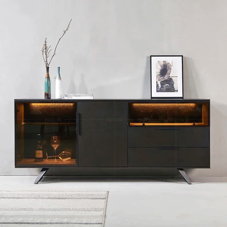 Credenza italiana in vetro e legno massello con armadietto per vino a luce LED Armadietto da soggiorno moderno e minimalista