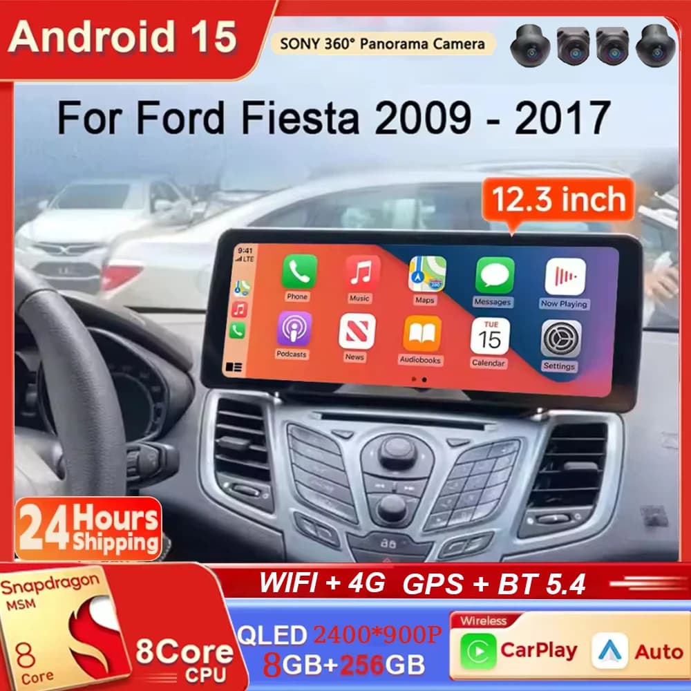 Autoradio Android 15 da 12,3 Pollici per Ford Fiesta MK6 MK7 2009-2016, Lettore Multimediale con GPS, Navigazione, Radio, CarPlay, 4G, WIFI, BT, DSP