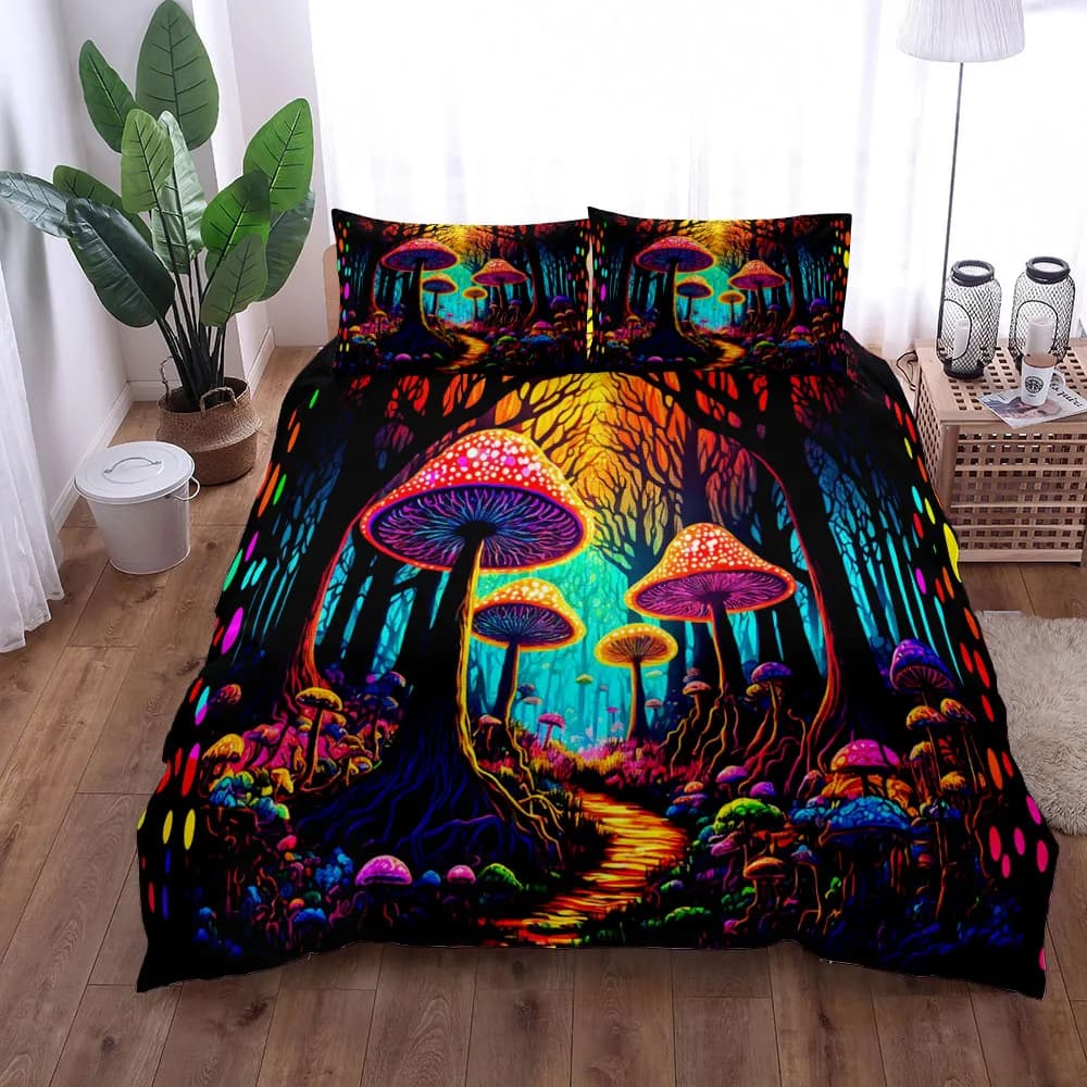 Set artistic duvet with illustration of chic mushrooms Set king size queen bed linen