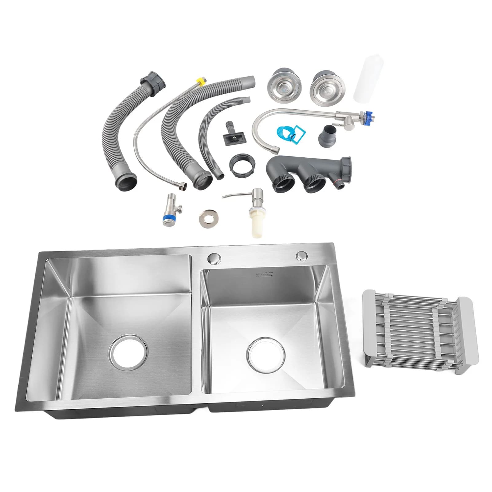 Lavello da Cucina a Doppia Vasca Professionale Moderno ed Elegante in Acciaio Inossidabile con Rubinetto e Dispenser Sapone per Cucina