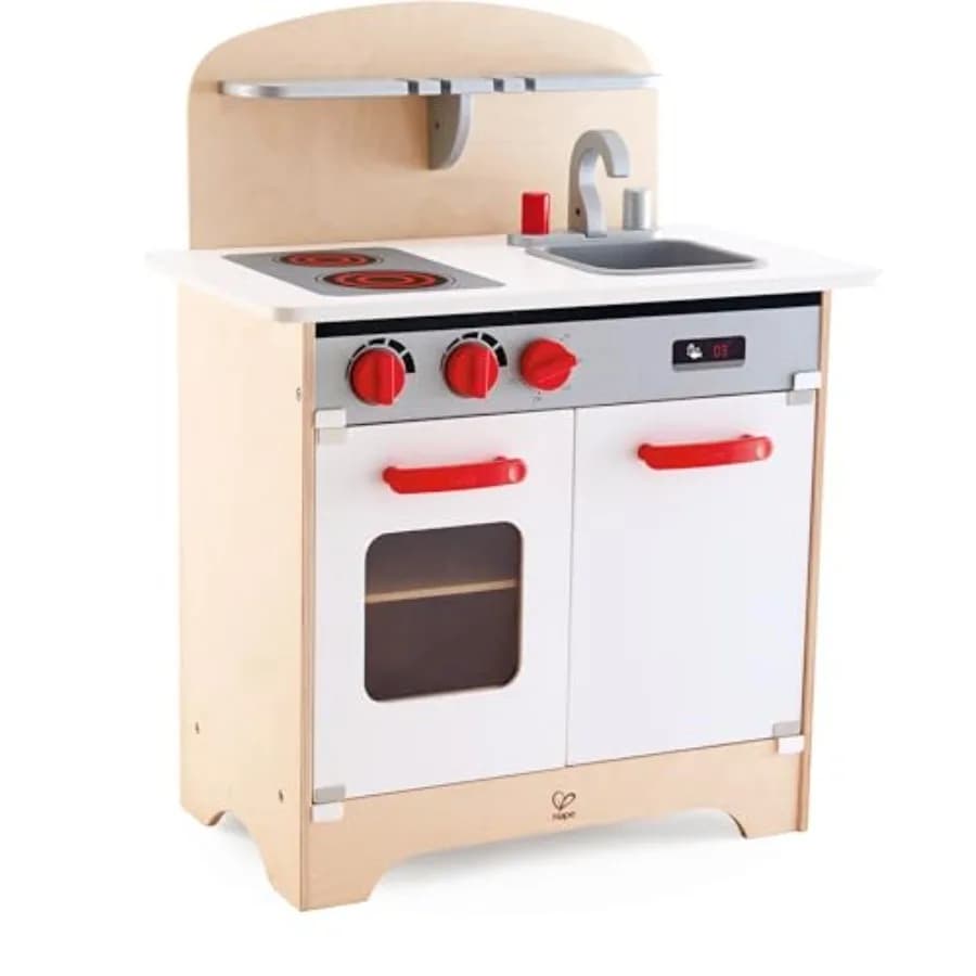 Giocattolo Cucina Gourmet per Giochi di Ruolo: Set Cucina in Legno con Lavello, Fornello, Forno, Armadietto, Manopole Girevoli, Mensola per Spezie, Re