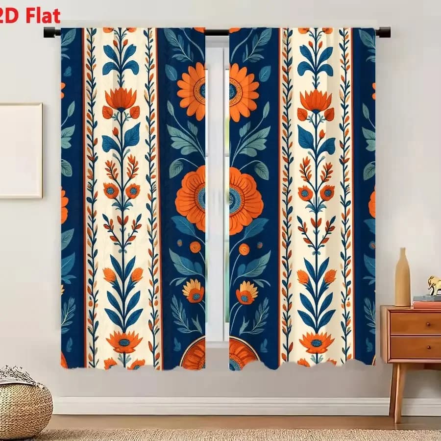 2Pcs Curtains 2D Flat Vertical Floral Pattern Navy Blue Orange Cream Teal Folk Art Symmetrical Design Window Drapes for Bedroom