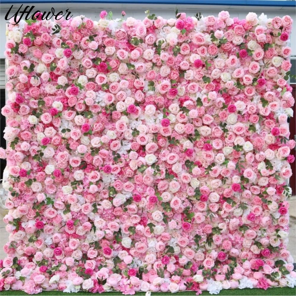 Uflower Pink White Rose Greenery Artificial Flower Wall Wedding Backdrop Fabric Hanging Curtain Floral Window Display Party Prop