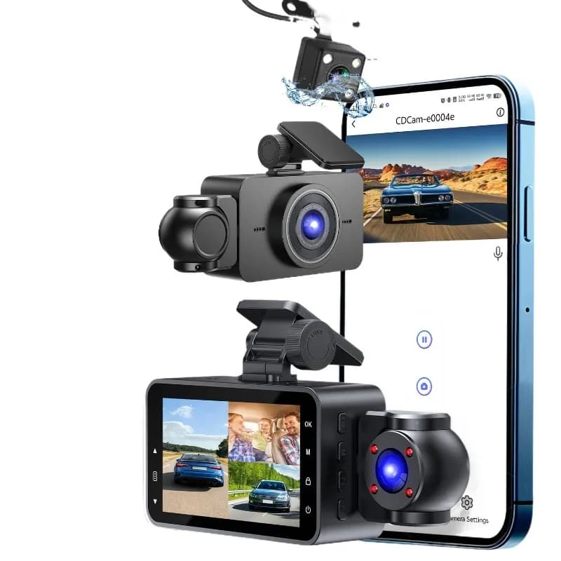 3 Channel Dash Cam for Cars, 1080P Full HD Front Camera (140° Wide View) with 480P Interior & Rear Cameras, 360° Vehicle Protection, Picture-in-Picture Display for Collision Evidence