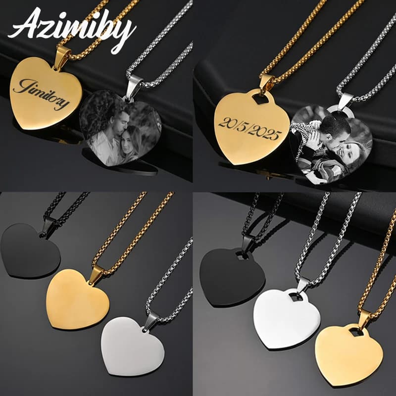 Azimiby Nome con foto personalizzato Collana a cuore in acciaio inossidabile Nome personalizzato inciso al laser Logo Data per regalo di gioielli da donna