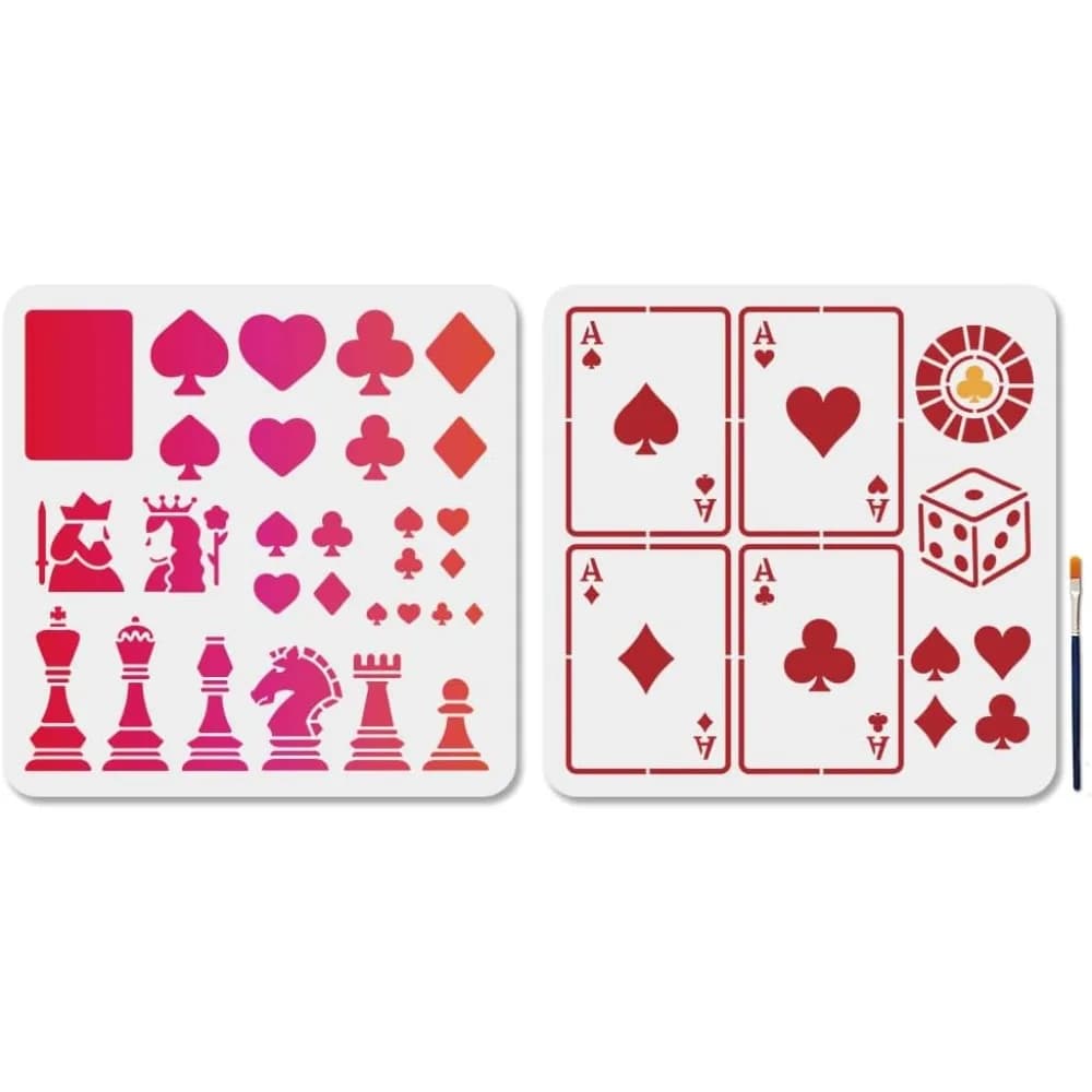 2 pezzi di carte da gioco set di stencil dadi scacchi pittura stencil 11,8 × 11,8 pollici riutilizzabile poker re regina modello di disegno