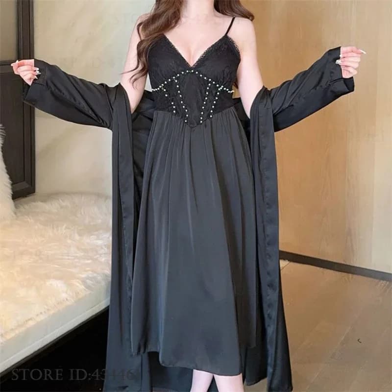 Women Long nightdress and robe Set Nightwear Underwear Sexy Underwear Silk Imitation Homewear Sexy Lace Kimono Bathrobe Dress Nightwear Lingerie