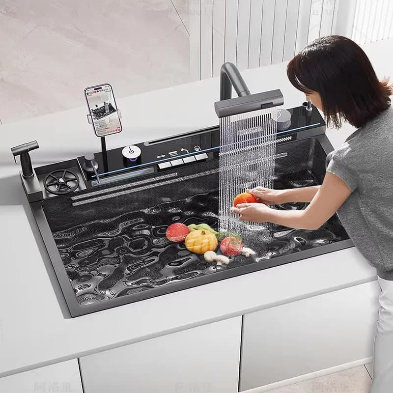 Handmade Smart Waterfall Multifunctional Kitchen Sink with Phone Holder and Airbrush
