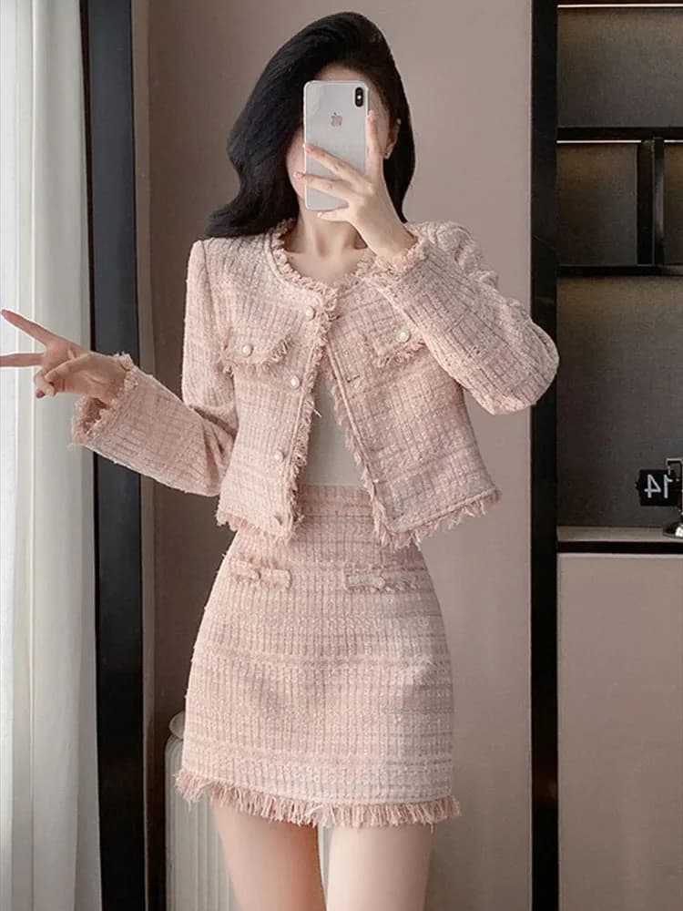 Pink small fragant style autumn high-end temperament slimming socialite jacket high waist half skirt two-piece set