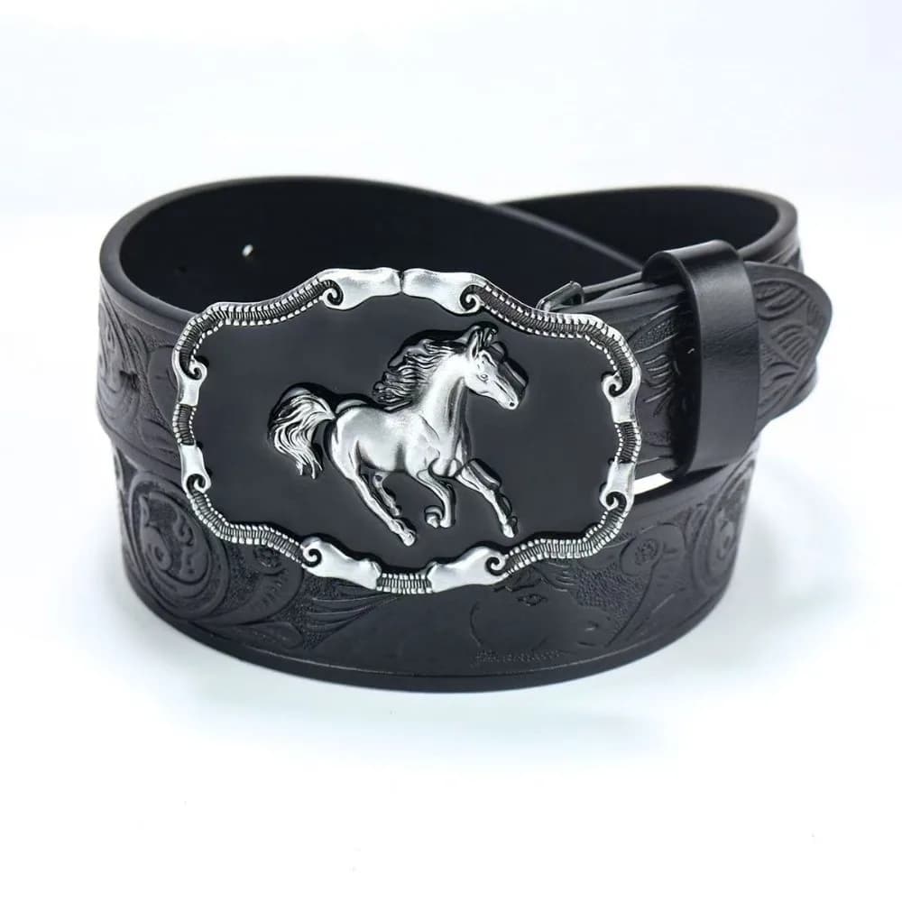 Retro Running Horse Buckle Western Cowboy Belt Luxury Design Trendy Brand Floral Embossed Belt Cowboy Waist Belt For Men Woman