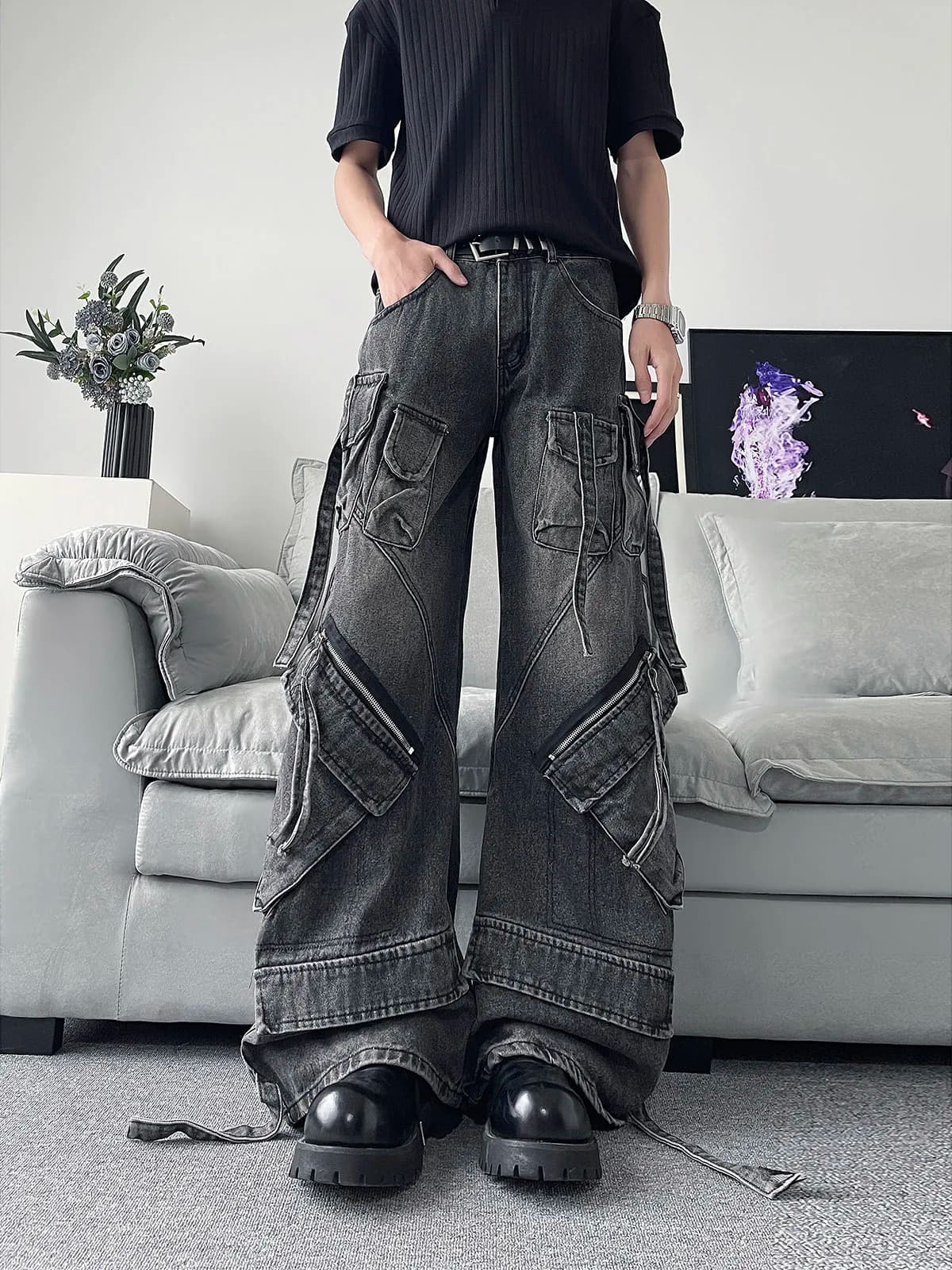 Jeans da Uomo in Denim Lavato Resistente con Tasche Multiple, Stile Vintage, Gamba Larga e Dritta, Pantaloni Lunghi Casual Estivi