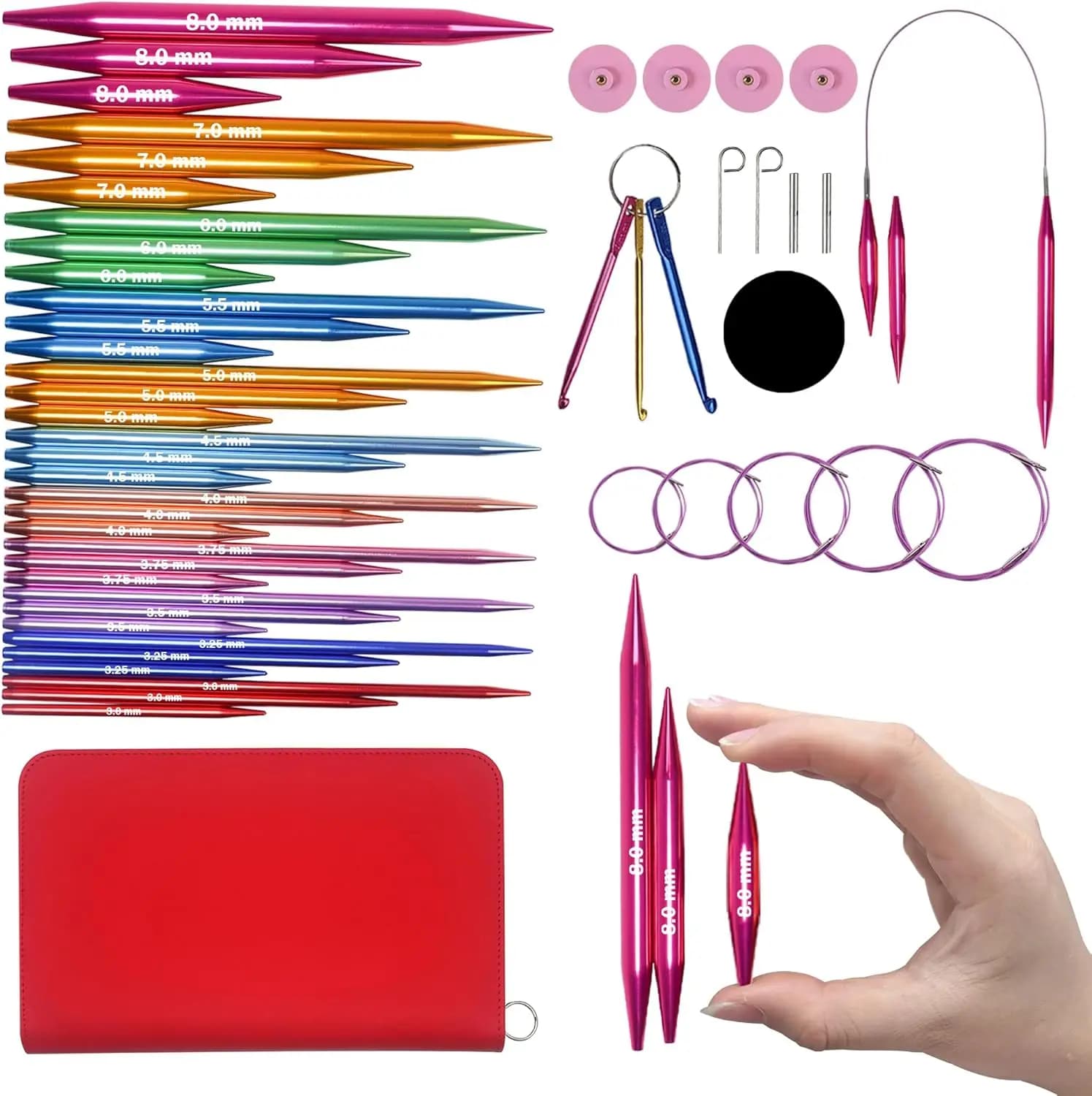 Set di Ferri Circolari per Maglieria con Custodia, 11 Paia di Ferri Intercambiabili con 5 Cavi 3.0~8.0mm