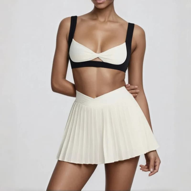 Completi da Yoga da Donna con Blocchi di Colore, Reggiseno con Schiena a Farfalla, Gonna Pieghevole Anti-Riflesso per Tennis e Golf, Set Sportivi per Fitness all'Aperto
