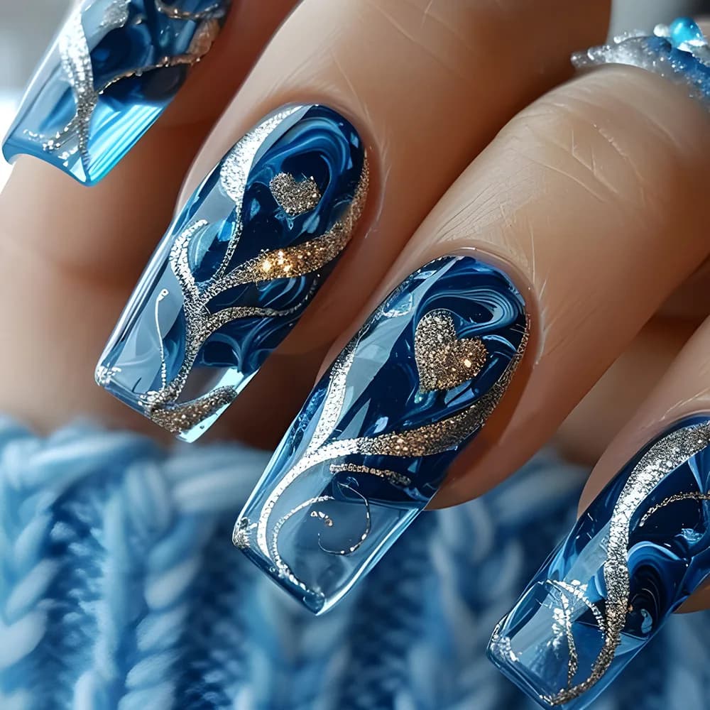 24 pcs blue print on nails hot girl strips golden ballet nails medium length set of wearable tips love design square coffin fake nails
