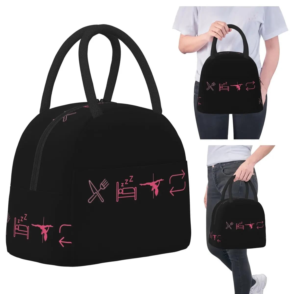 Eat, Sleep, Pole Dance, Repeti - Insulated lunch bag with black icons for women Thermal food bag for cooling Portable lunch boxes