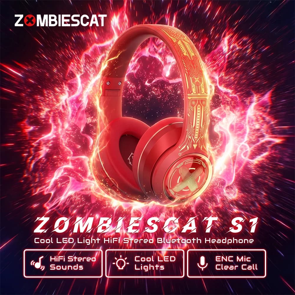 Cuffie Bluetooth Zombescat S1 con Bassi Potenti, Wireless, Cancellazione del Rumore ENC per Chiamate, Over-Ear con Luci LED Cool