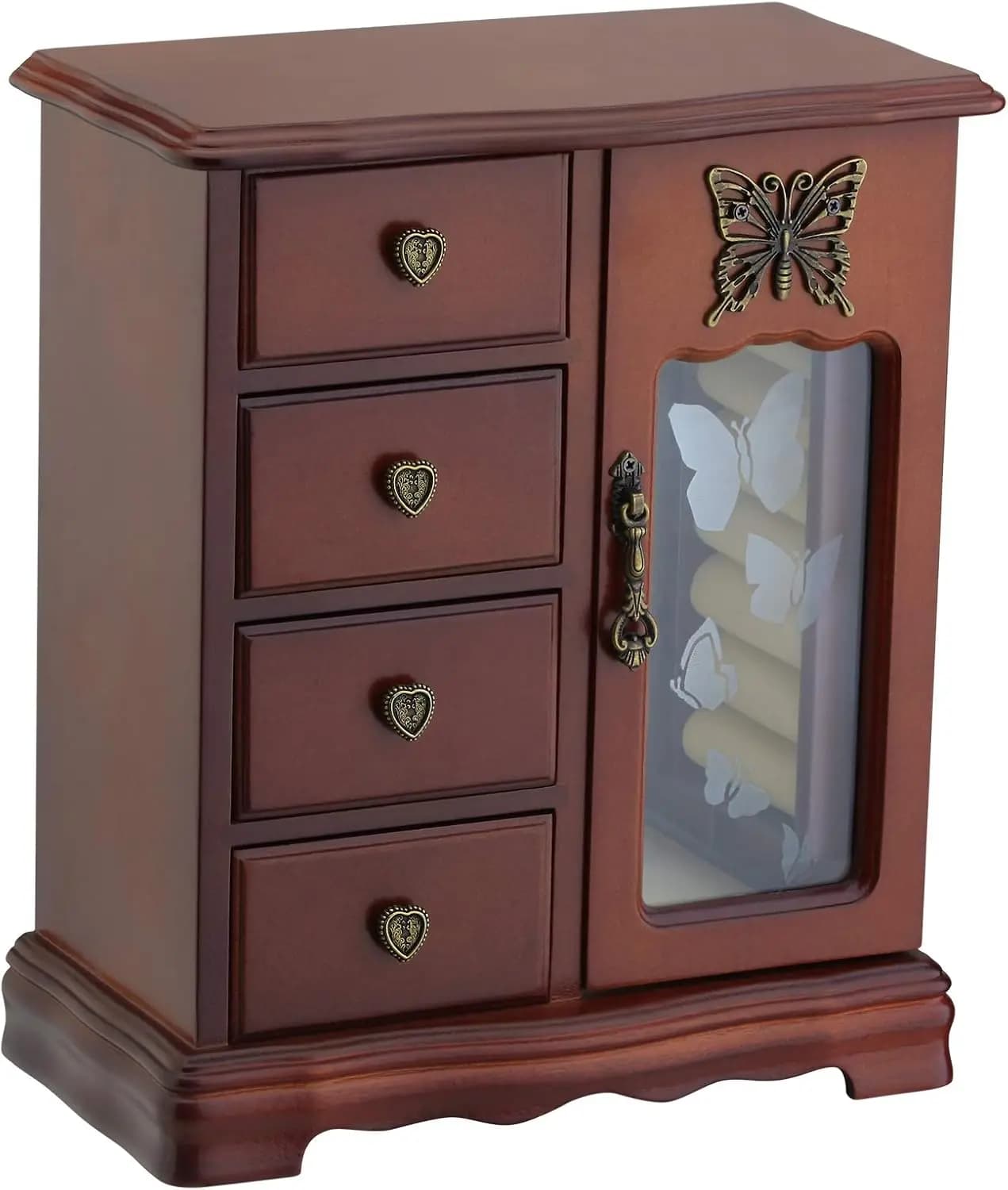 Solid wood round jewelry box with 4 drawers, necklace carousel, woman organizer mirror