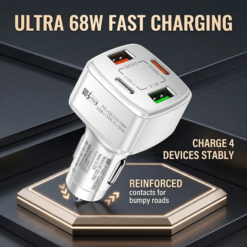 4-Port USB C Car Charger PD 20W QC 3.0 Fast Charging Adapter Multi-Device Type C Auto Adapter PC Metal Fireproof Shell