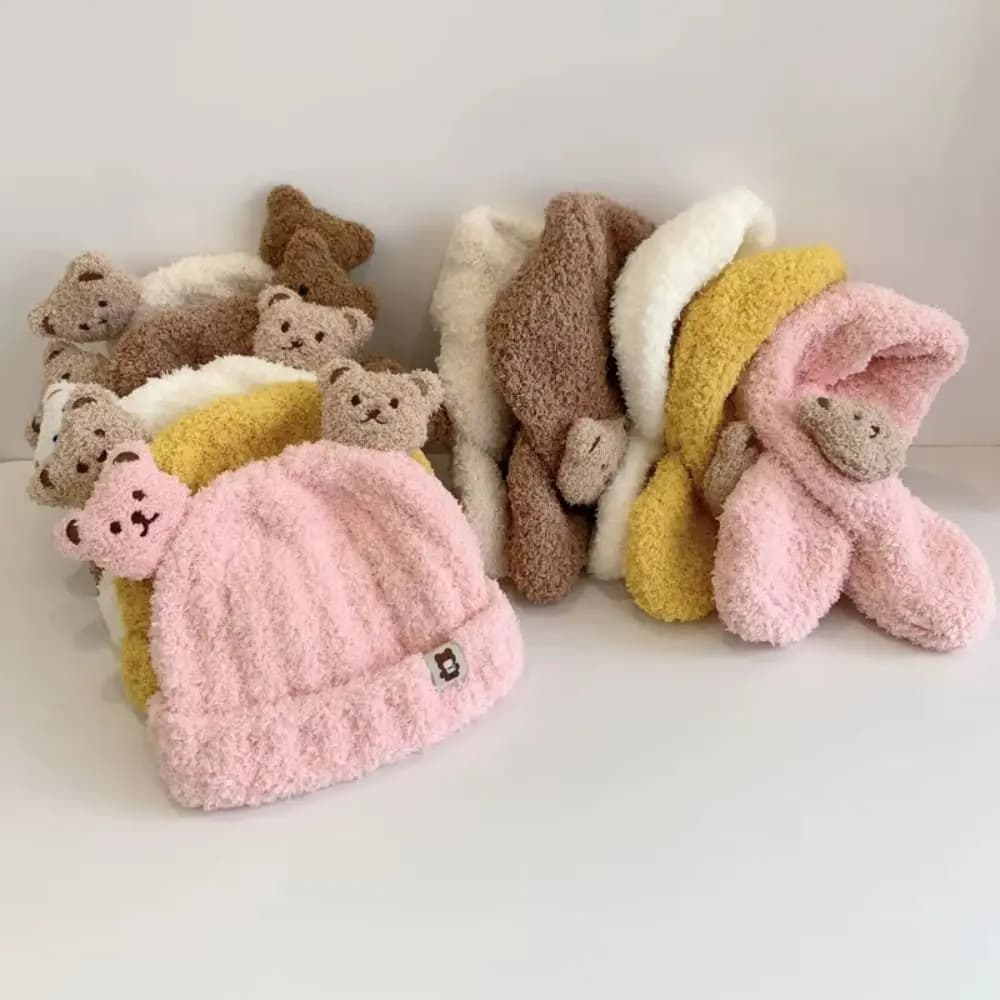 Korean style baby hat with scarf Set of hats with cute bear scarf to keep warm Kids ears protection hat soft cartoon