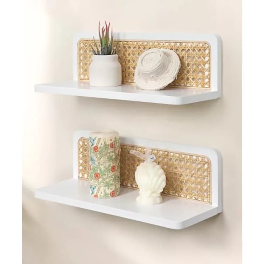 Mensole Galleggianti in Rattan, Scaffali da Parete Boho in Vimini, Organizzatore Espositivo Stile Rustico, Librerie Bianche in Vimini per Arredamento Stanza