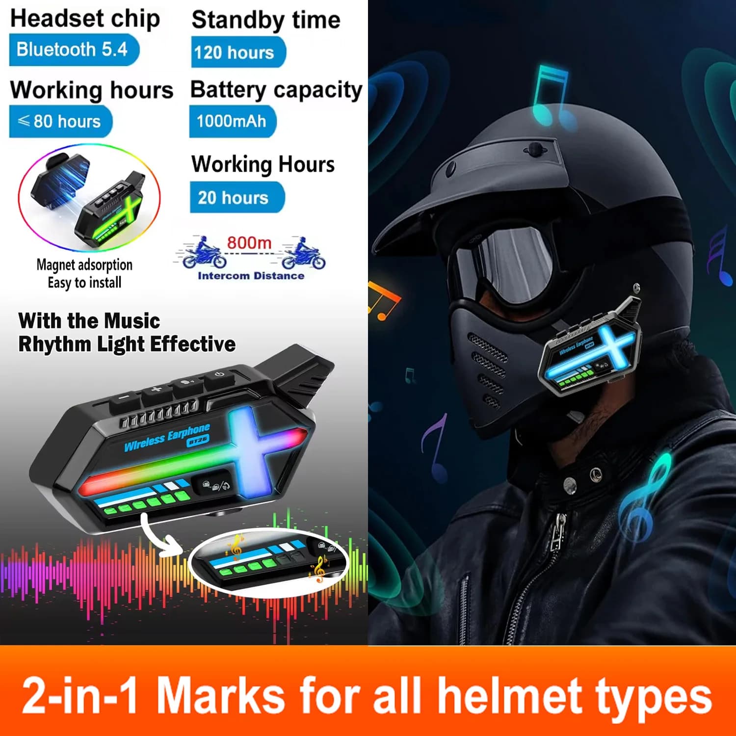 Casco Auricolare Bluetooth Doppio walkie-talkie 800M Installazione di aspirazione magnetica con luce respiratoria Auricolare Bluetooth 5.4