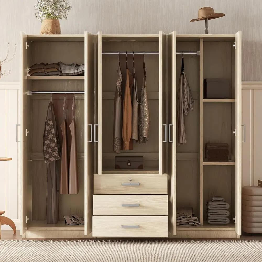 Armadio Guardaroba 6 DoWardrobe, Armadio in Legno con Tre Grandi Cassetti con Serratura, Asta Appendiabiti e Ripiani per la Casa