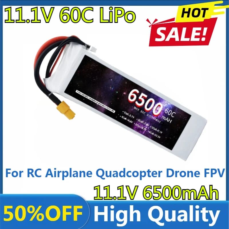 Batteria LiPo 3s 6500mAh 11.1V 60C per aereo RC Quadcopter Drone FPV Barca Elicottero Batteria 11.1v con spina T XT90 XT60