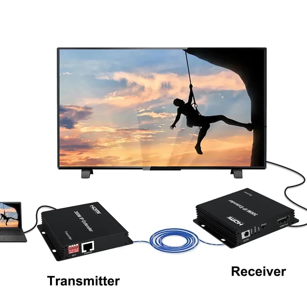 Extender IP 300 M via Ethernet Cat6 Extender Network HDMI RJ45 Transmitter and 1080p Video Receiver for PS4 PC Camera to TV