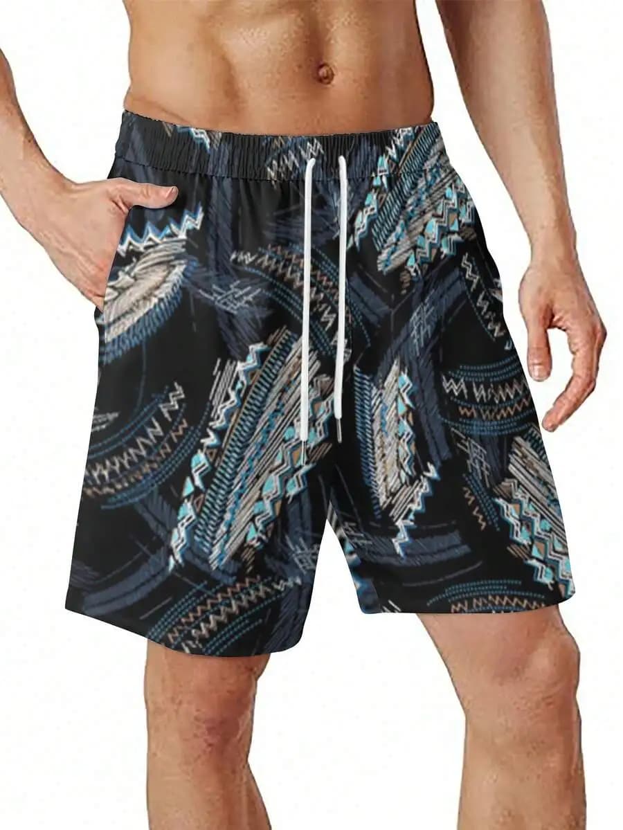 Mens Retro Beach Shorts With Totem Print Black Blue Brown Pattern