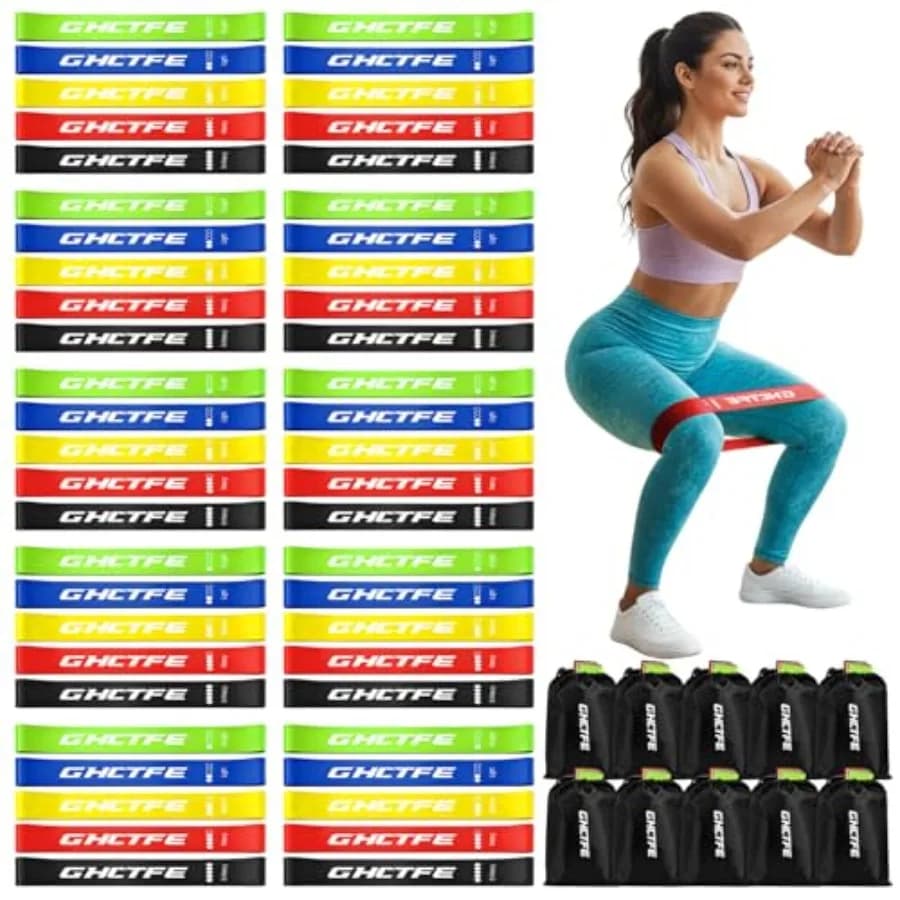 Confezione da 50 Pezzi di Bande Elastiche per Palestre, Scuole e Allenatori: 10 Mini Bande ad Anello, 5 Livelli Codificati a Colori da Giallo a Nero, Du