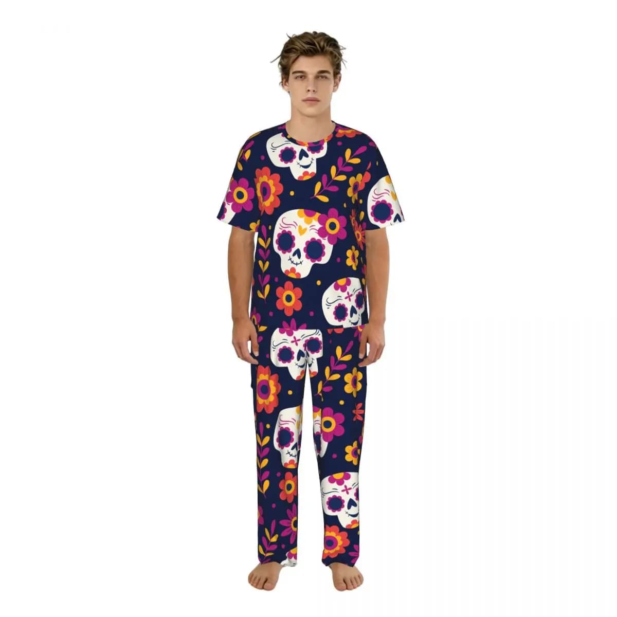 Summer men's pyjamas with short sleeve top + long trousers, nightwear, homewear, pajamas with skull and Death Day flowers