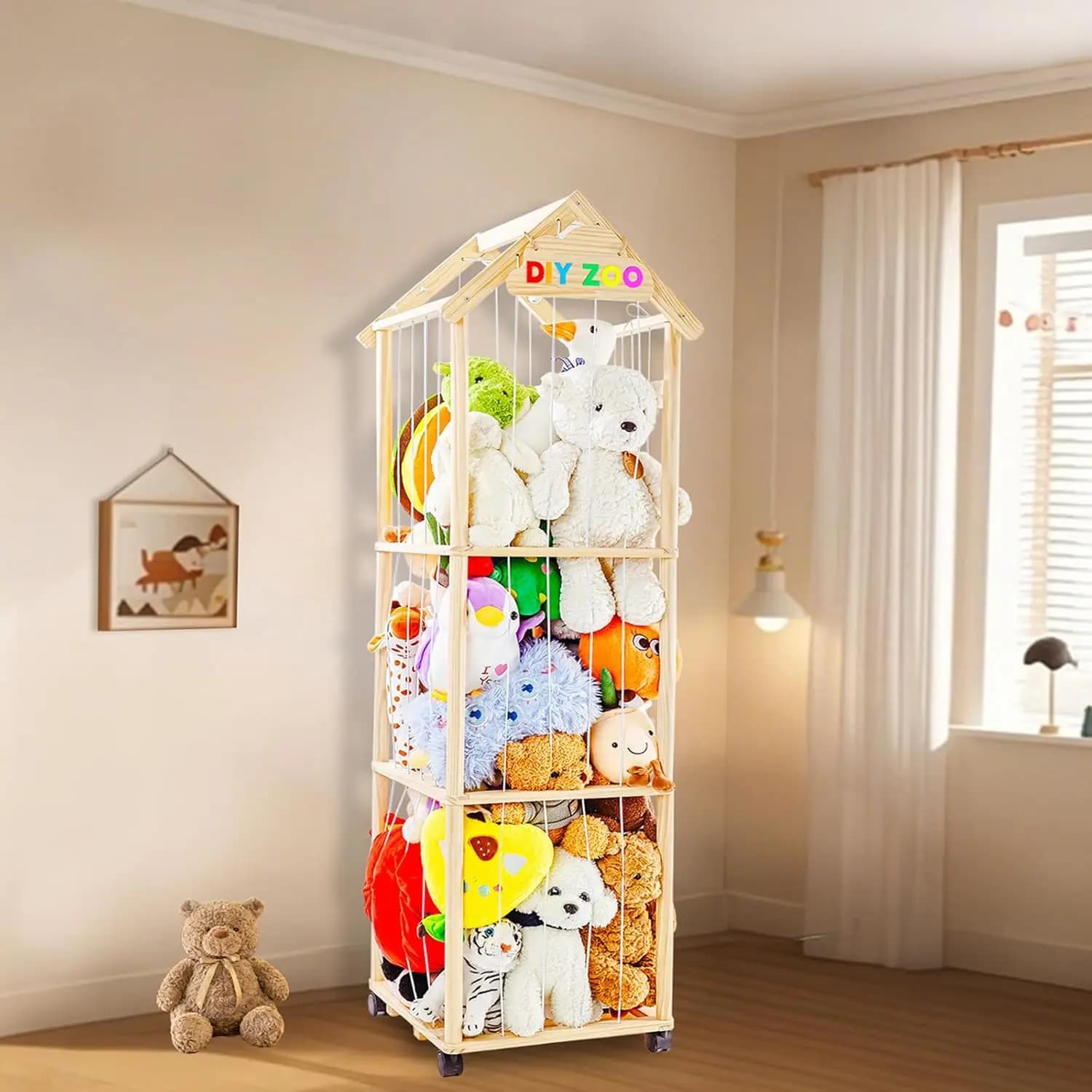 Organizzatore Regolabile in Legno per Peluche con Ruote Girevoli per Cameretta, Sala Giochi e Camera da Letto