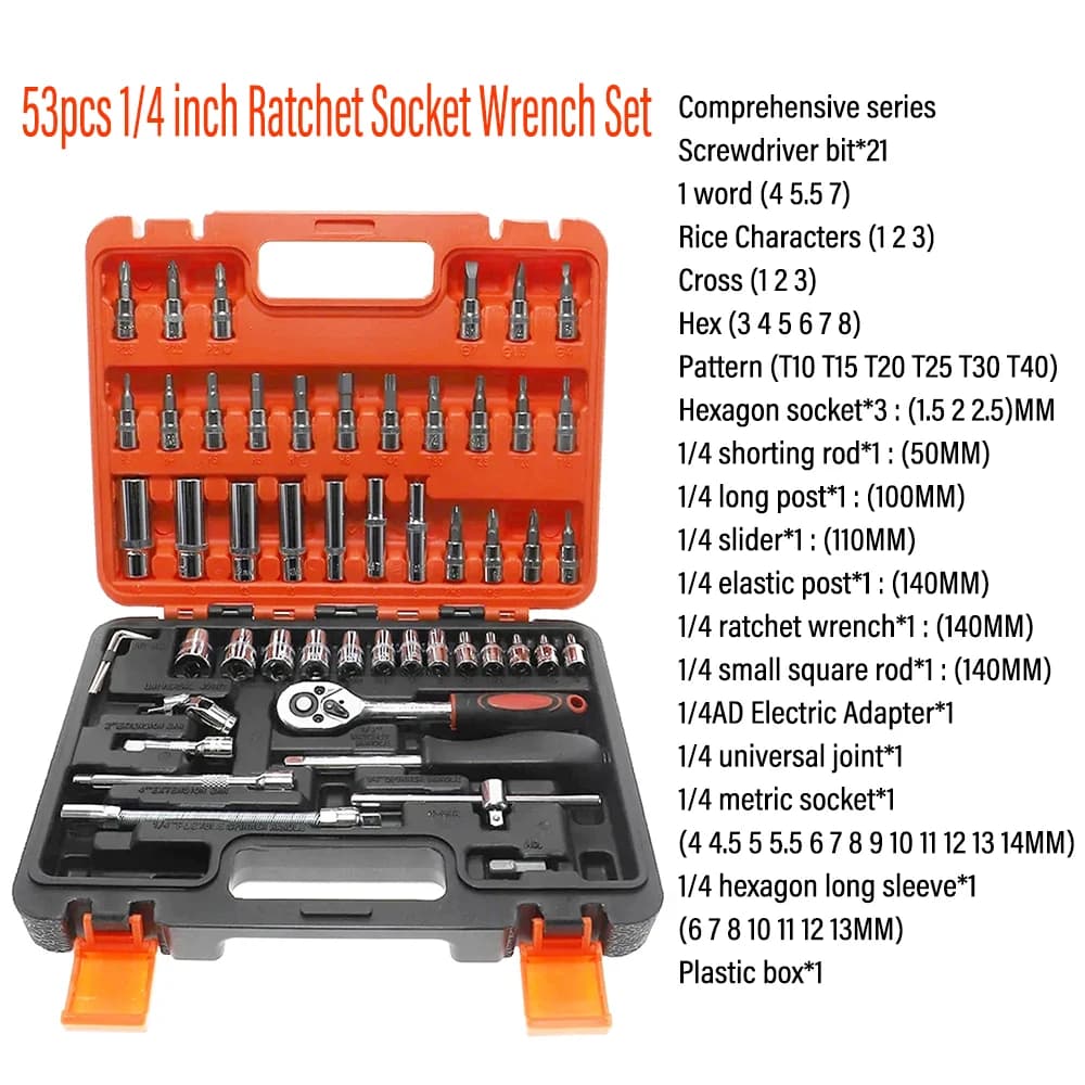 Set di chiavi a cricchetto da 53 pezzi da 1/4 di pollice, strumento per la riparazione dell'auto, maniglia a cricchetto reversibile a sgancio rapido e prolunga
