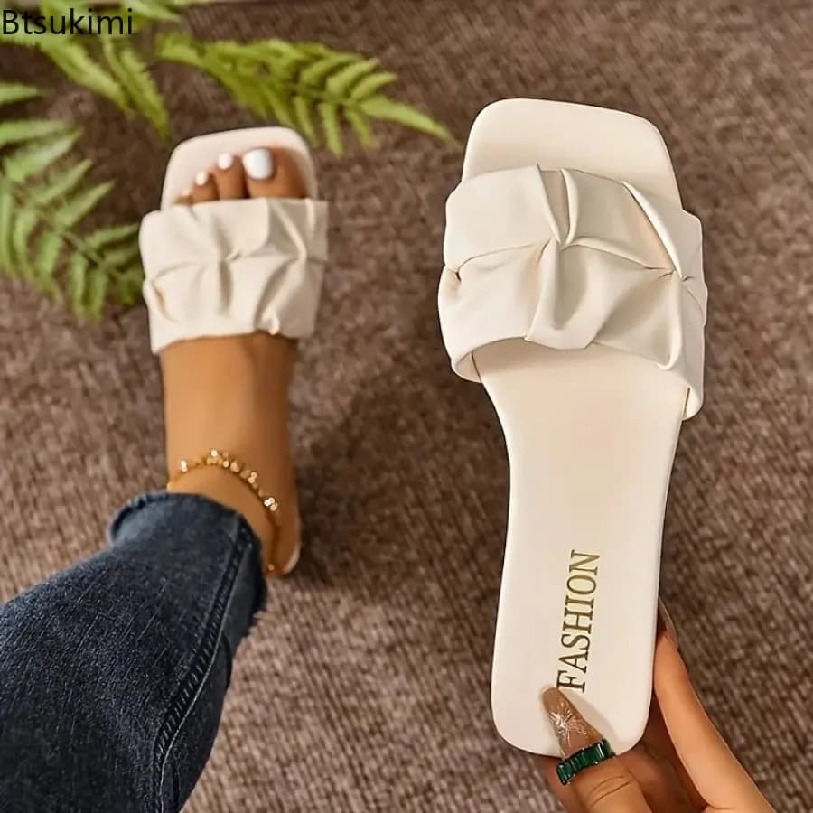 New Summer Fashion Women's Casual Slippers Flip Flops Flats Pleated Slippers Women Sandals Black Slip on Shoes Plus Size 36-44