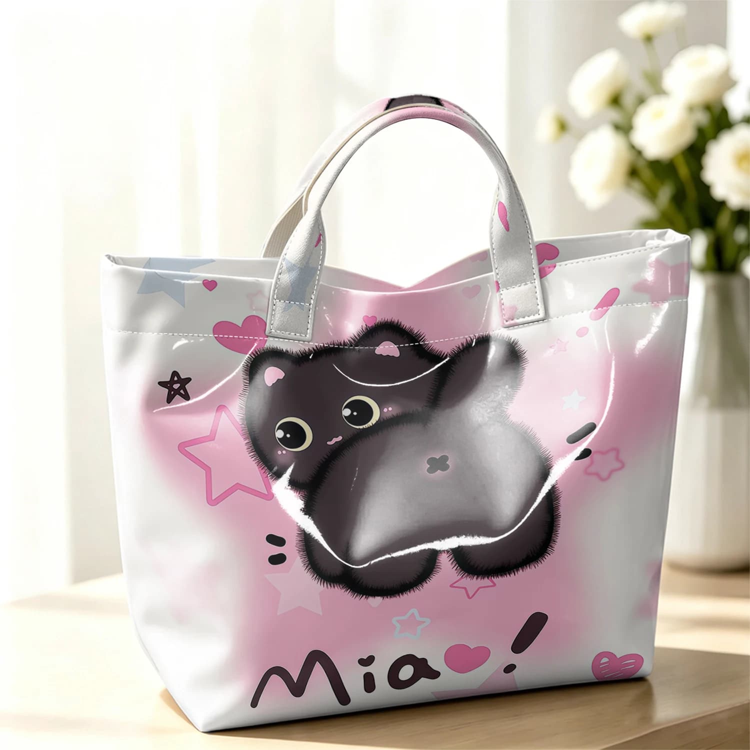 Pink Fluffy Black Cat Hot Sale Large Glossy PVC Tote Bag Hand Washable Waterproof for Travel Commute Makeup Storage Handbags