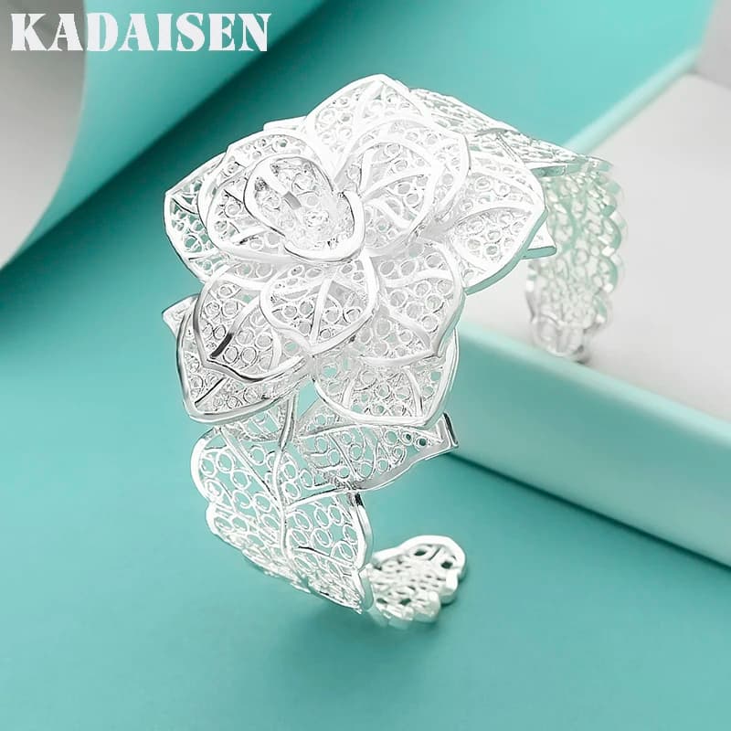 Wide-band bracelets with large 925 sterling silver flower, adjustable, for women, ideal as a gift for parties, weddings and special occasions.