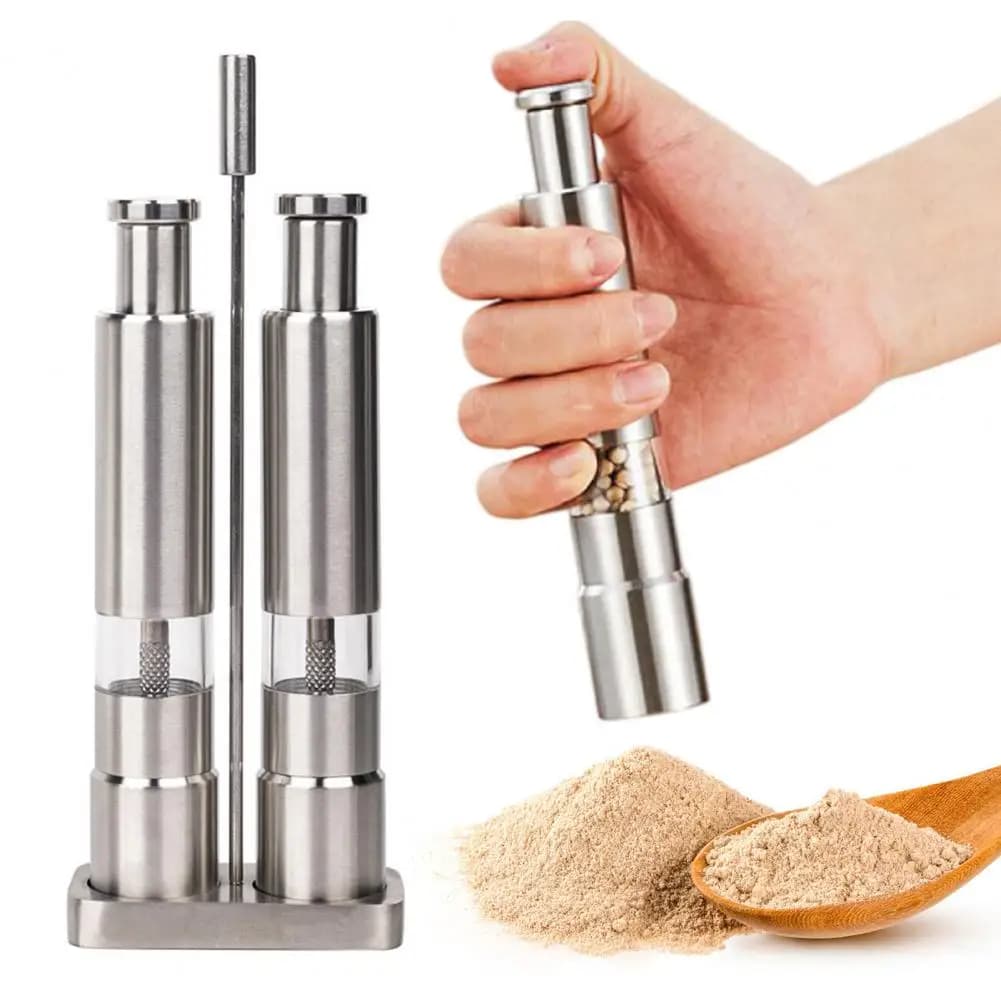 Macinino per Spezie in Acciaio Inox, Set Macinino Sale e Pepe con Macina in Acciaio Inox, Regolazione della Macinatura, Base di Stoccaggio