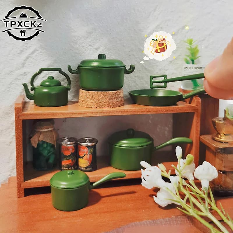 Miniature Dolls House Pentola Padella Pala Kettle Set 1:12 Doll Kitchen Pot Kitchen Tools Decor Micro Scene Construction Puntelli