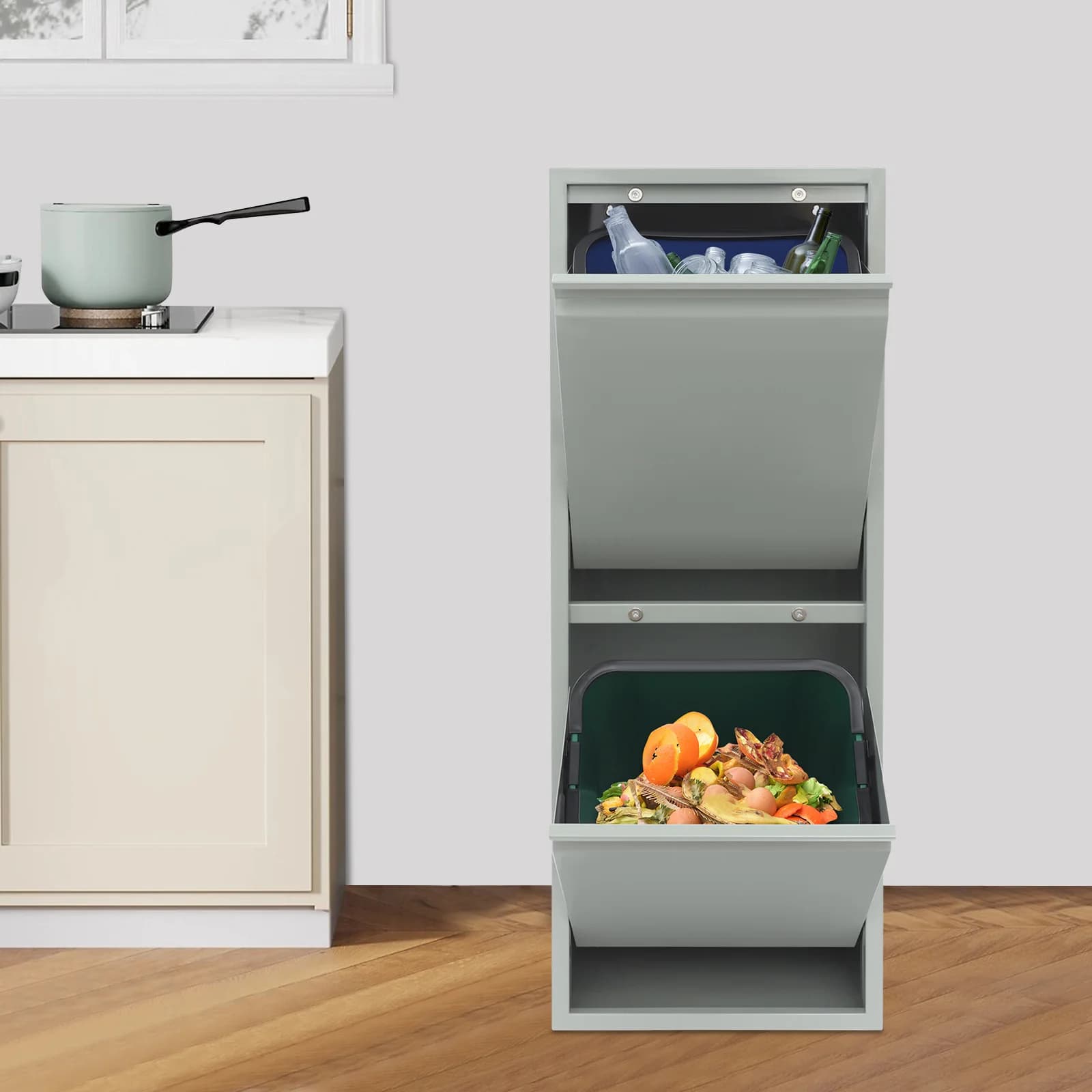 Dual Bin Tilt Out Trash Cabinet, 15 Gallon Stainless Steel Recycling Waste Container, 35 lbs Capacity, Pull Out Bins for Kitchen