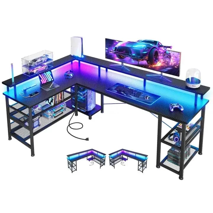 66-inch L Gaming desk with Current, LED, Carbon Fiber, Reversible shelves, Monitor support, Home and Office, Black, Customizable