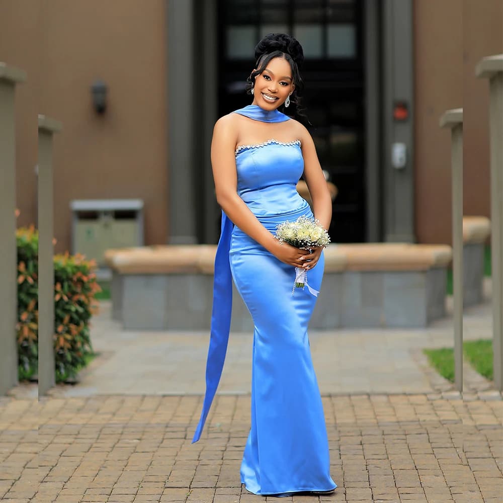 Blue Fitted Bridesmaid Dresses Strapess Scarf Beading Africa Nigeria Women Wedding Guest Dress Maid of Honor Dress Customize
